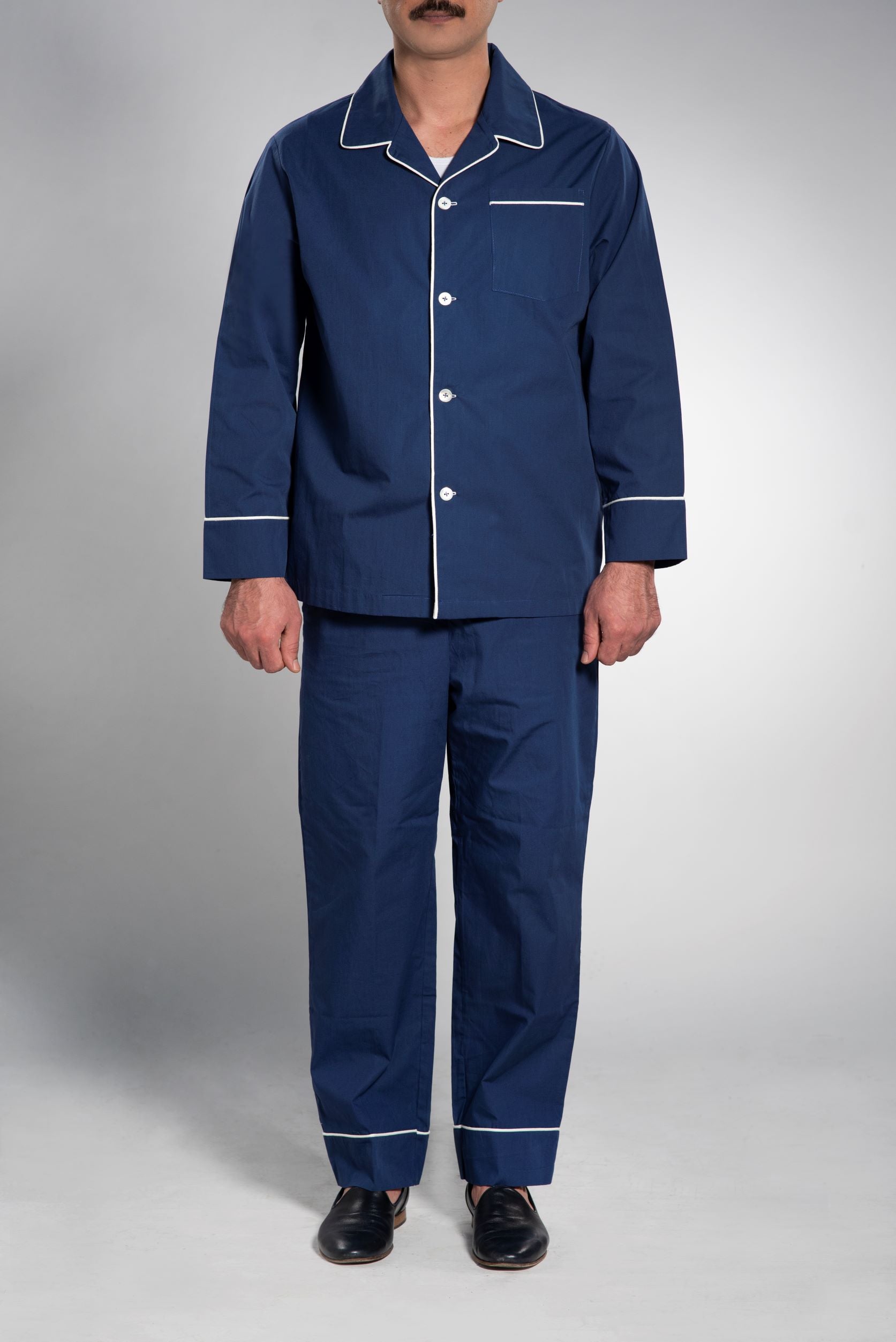 Herren Schlafanzug Baumwolle-Popeline Navy Uni Classic Fit