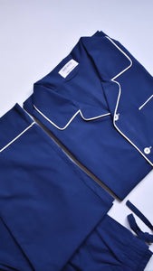 Herren Schlafanzug Baumwolle-Popeline Navy Uni Classic Fit
